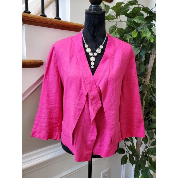 Chico's Women's Solid Pink 100% Linen Long Sleeve Casual Jacket Blazer Size 1 - Picture 11 of 12